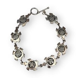 Sterling Turtle Chain Bracelet Tortoise Oxidized Southwestern 925 Silver Vintage